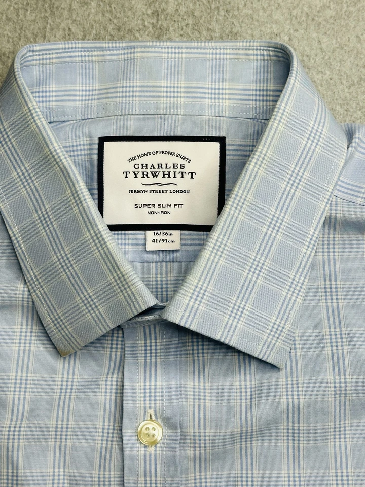 Camisa Charles Tyrwhitt Para Hombres 16 36 Grande Azul A Cuadros Vestido Súper Ajustado Sin Planchar Foto 2 de 4