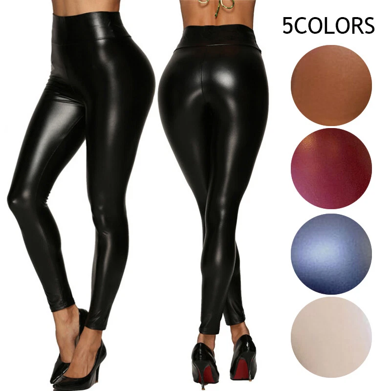 Faux Leather Leggings for Women Trendy High Waisted Skinny Solid Color  Pants Butt Lifting Metallic Comfy Ladies Tights