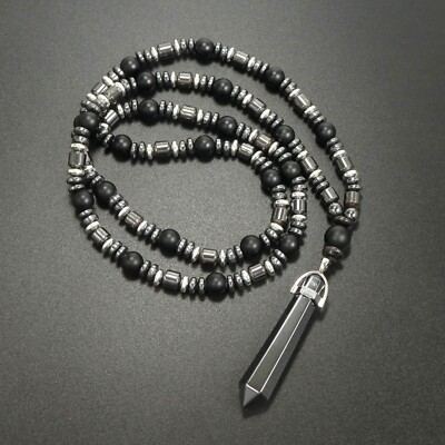 Matte Black Onyx Pointed Hematite Crystal Pendant 29'' Long Necklace Man Gift