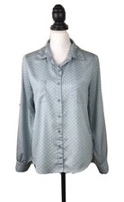 XHILARATION Blue Polka Dot Button-Down Blouse Long/Tab Sleeves Sz Medium