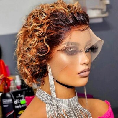 Pixie Cut Wig 1B 30 Brown Color Lace Wig Spring curl Short Bob Human Hair
