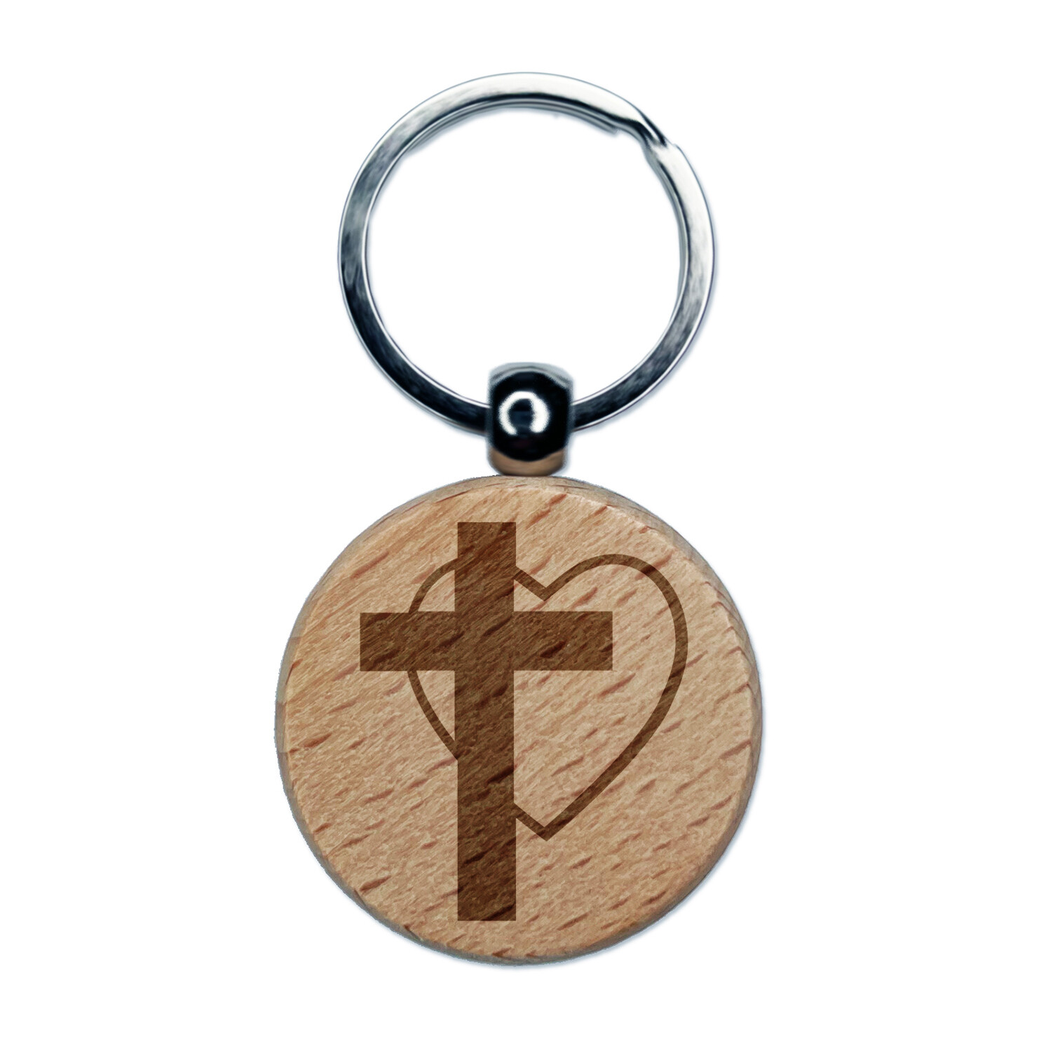 Christian Cross & Heart Engraved Wooden Keychain Charm