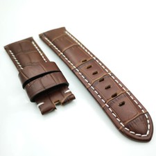 24mm / 22mm Brown Bamboo Leather White Stitch Tang Buckle Strap Band for PAM