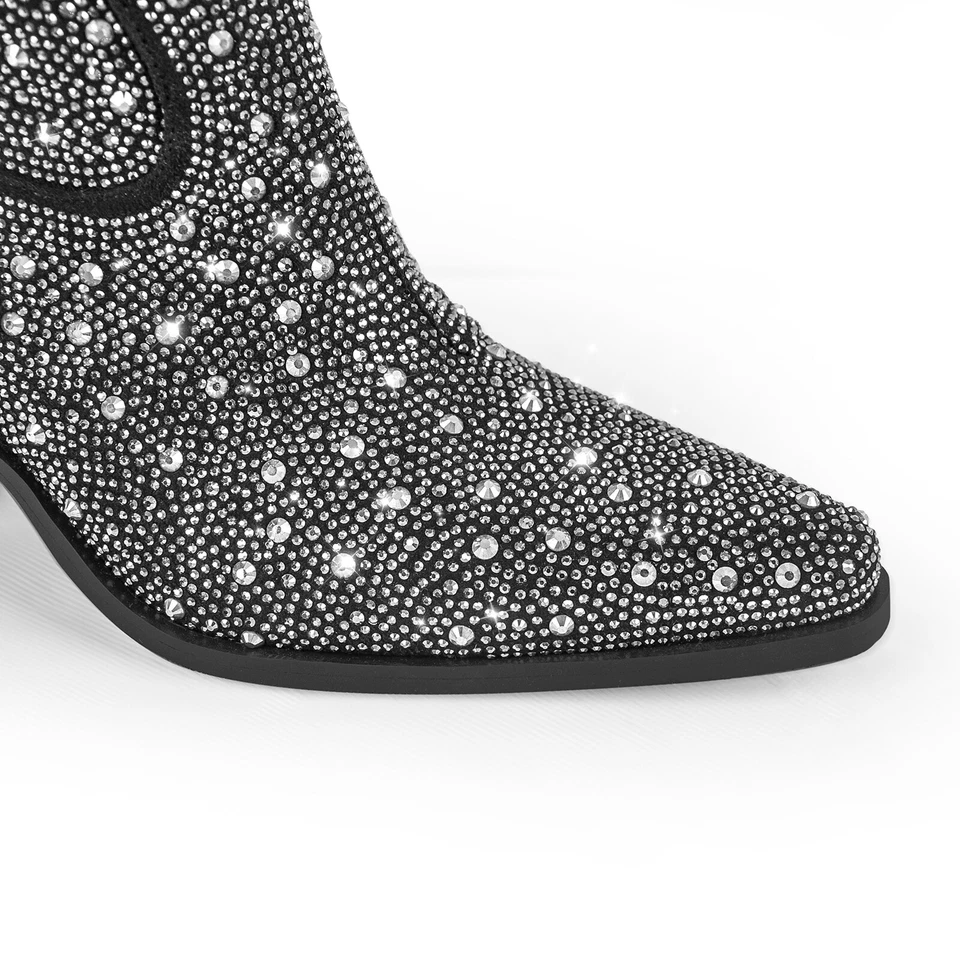 Mujeres Botas Vaqueras Western Brillo Hasta la Rodilla Tacón Grueso Estrás Cremallera Botas Foto 4 de 4