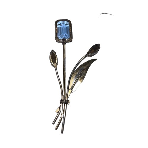 Huge Vintage CORO Vermeil Sterling Silver Blue Faux Topaz Floral Pin Brooch - Picture 2 of 6
