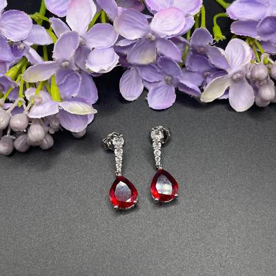 Ohrringe Weißgold-Finish roter Rubin und kreierter Diamant Birnenschliff