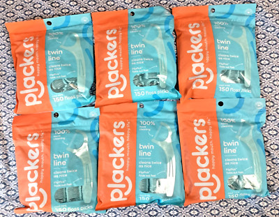 (6) PLACKERS Twin-Line Dental Floss Flossers Cool Mint 150 Each Resealable Bag