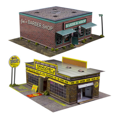 1:87 Train HO Scale Model Building Combo Kit x2 Motorcycle & Barber Shop