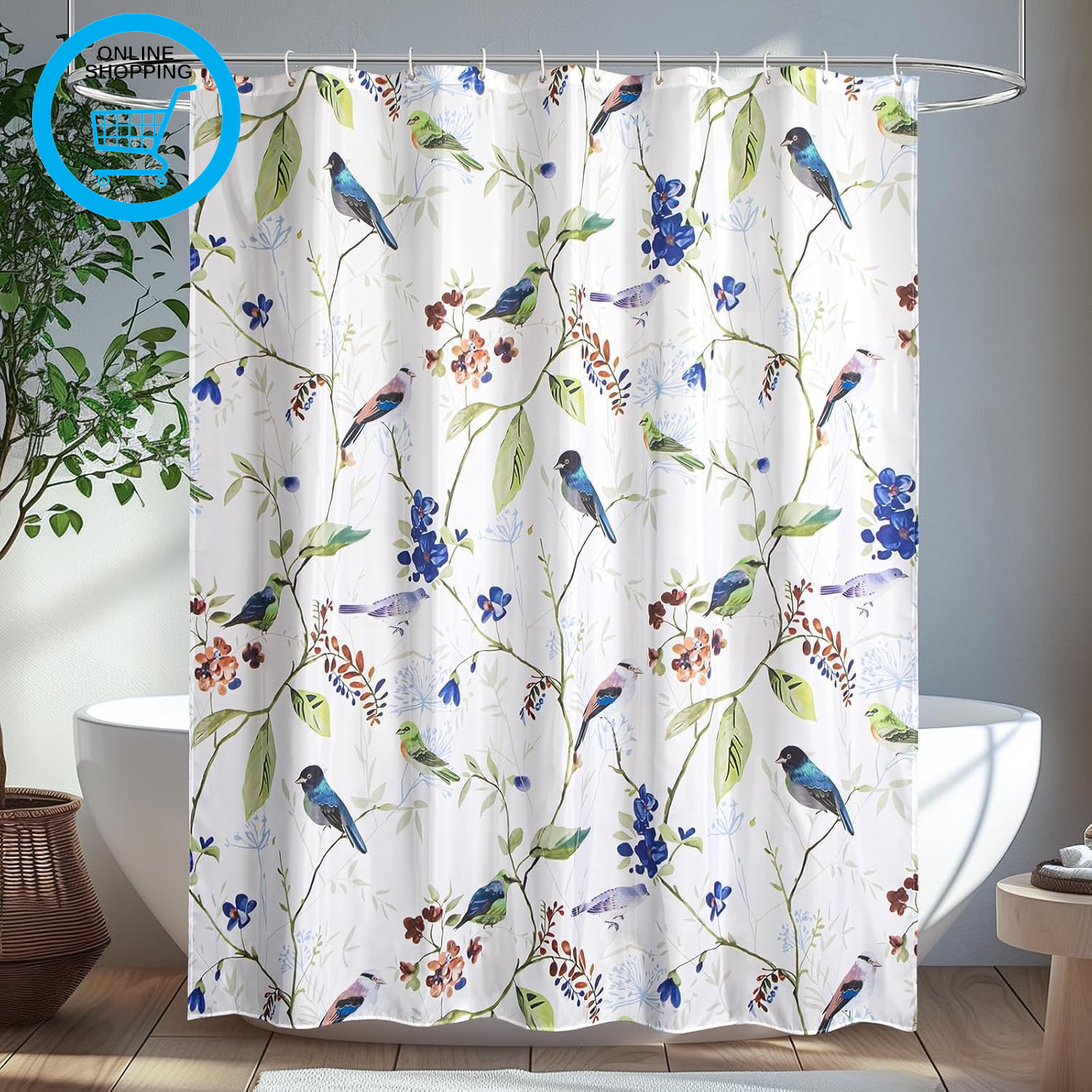 Shower Curtain, 180 * 180Cm (71X71Inch) Watercolor Floral Bird Mould and Mildew