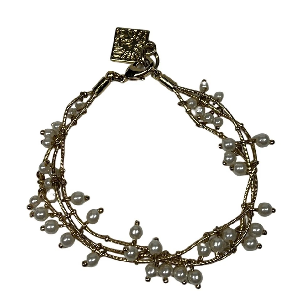 Pulsera colgante Anne Klein tono dorado cadena triple cadena imitación perla moda  Foto 2 de 4