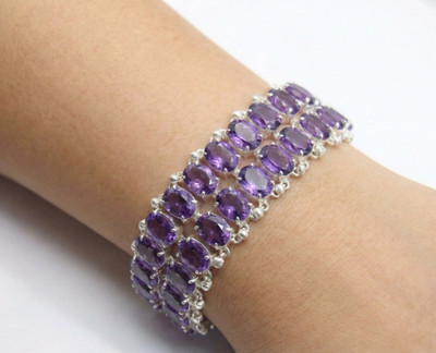 Purple Amethyst Gemstone 925 Sterling Silver Adjustable Chain Bracelet For Gift