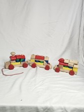 Vintage Wooden Train Block Set Colorful Pull Along