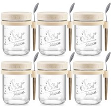 6 Pack Overnight Oats Containers with Lids and Spoons, 16 oz Glass Beige
