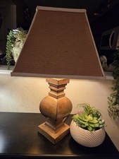 Rustic Wood Table Lamp w/ Gold Lined Shade   Warm Ambient Lighting