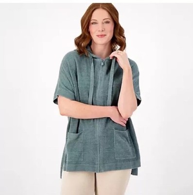 Barefoot Dreams CozyChic Ultra Lite Short Sleeve Zip Up Hoodie Blue Spruce 1X Us