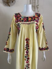 70s Long Sleeve Mexican Huipil Dress Oaxacan Embroidered Floral Maxi Cotton VTG