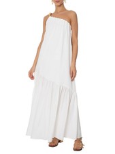 FARM RIO WHITE LINEN BLEND ONE SHOULDER LONG DRESS GOLDEN FISH DETALS UK 10
