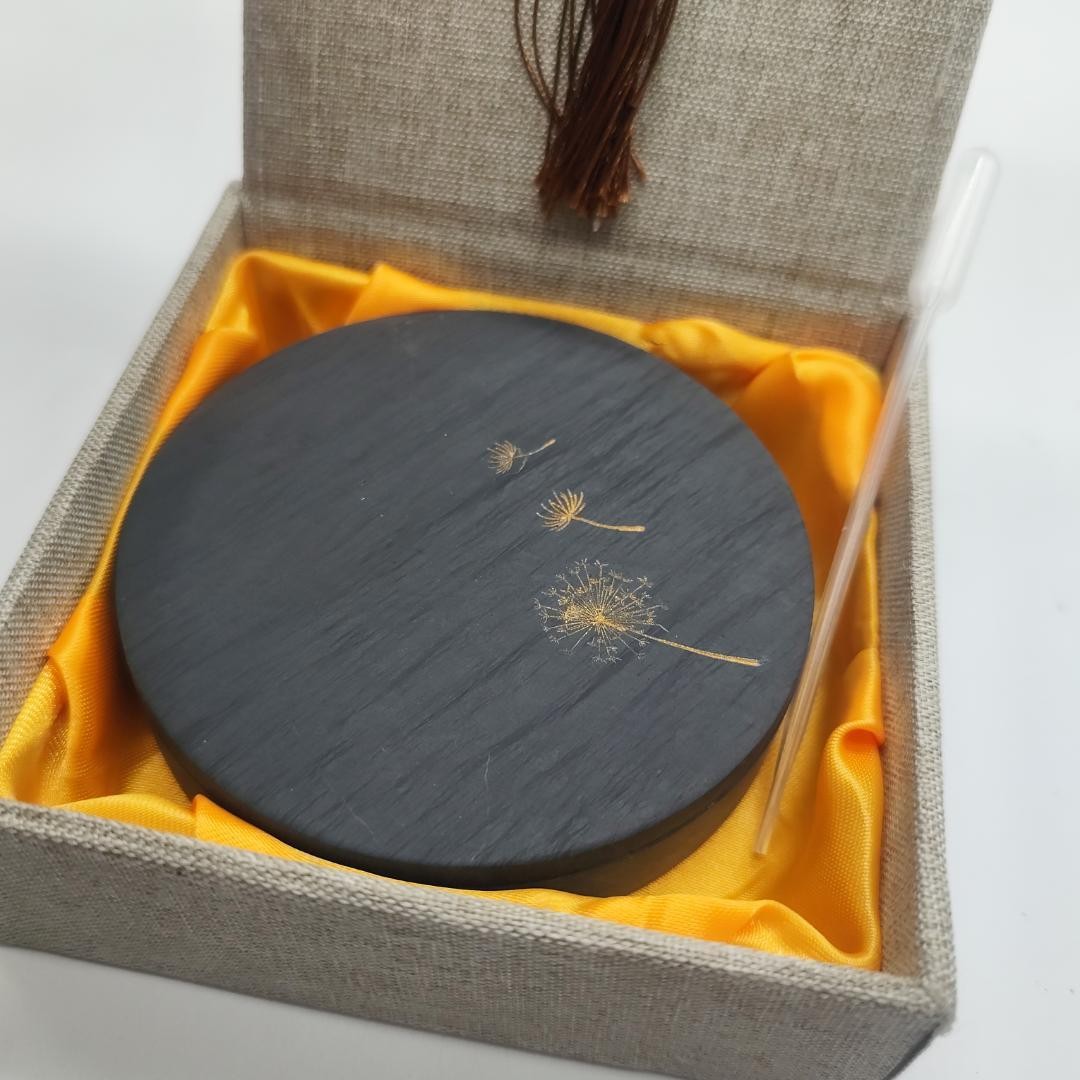 Wooden Inkstone with Dandelion Decor and Brush Set, Case Included