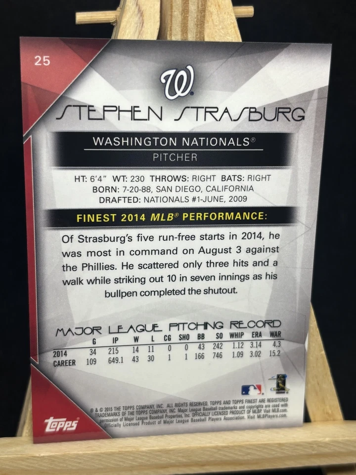 STEPHEN STRASBURG 2015 FINEST GREEN /99 BASEBALL CARD #25 - WASHINGTON NATIONALS - Image 2 of 2