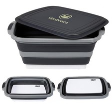 16L Black Collapsible BBQ Prep Tub Cutting Board Lid Kitchen Food Prep Basin