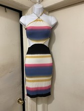 Women’s Ribbed Halter Cutout Bodycon Midi Dress Multicolor Striped XS