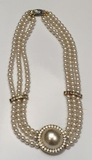 Vintage Faux Pearl  Rhinestone 16" Triple Strand Clasp Necklace/Choker