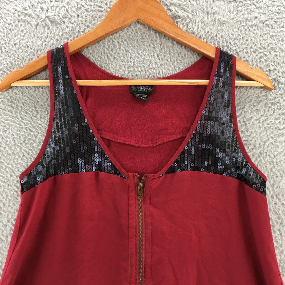 Camiseta sin mangas con hebilla Daytrip con cremallera para mujer pequeña granate negra lentejuelas cuello en V Foto 2 de 4