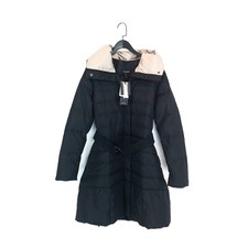 Feraud Duck Down Hooded Black Mid Length Belted Puffer Jacket - Size 16 New