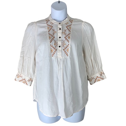 Knox Rose Sz Medium Blouse White 3/4 Sleeve Button Neckline Embroidered Accents - 第 1/4 張圖片