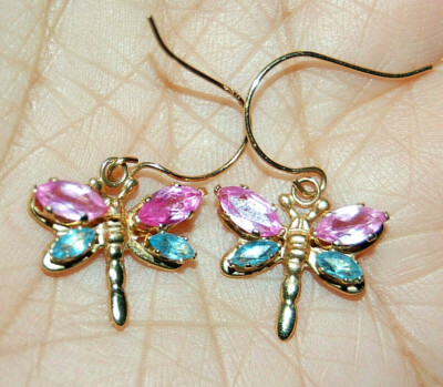 14K Yellow Gold Hooks Earrings Dragonfly Bubble Gum Pink Blue Gemstones Studs