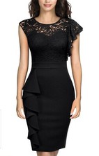 Women's Floral Lace Black Knee-Length Ruffle Cocktail Dress