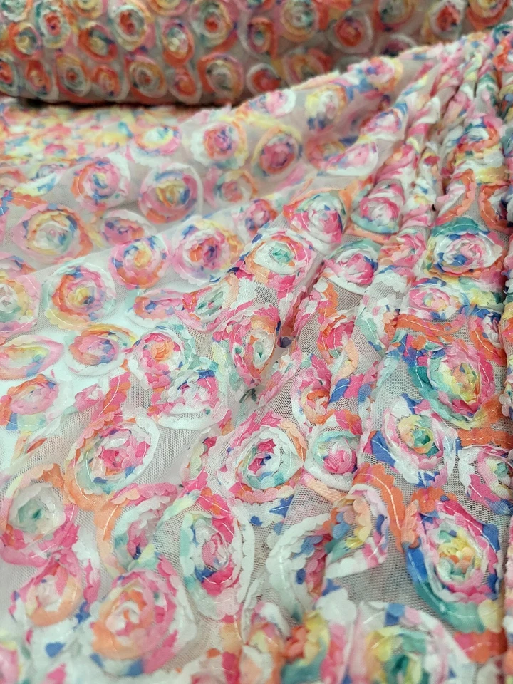 White Mesh Embroidery Multicolor Floral Fabric By The Yard Confetti Pastel Color - Image 4 of 4