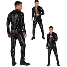 Men's Shiny Patent Leather Bodysuit Jumpsuit Long Sleeve Zipper Leotard Clubwear