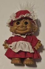 Vintage Russ Berrie Troll Doll 5" White Hair Red Dress Apron Granny Mrs Claus