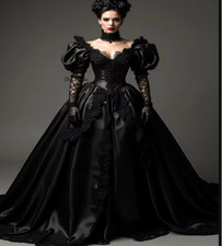 Medieval Witchy Black Gothic Wedding Dress Short Sleeve Lace Tudor Victorian