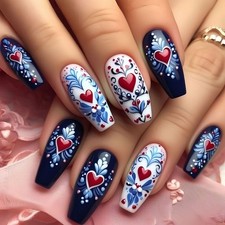 48 Pcs of Valentine's Day Blue Heart-shaped Long Ballet Nail Fashion Fake Nail