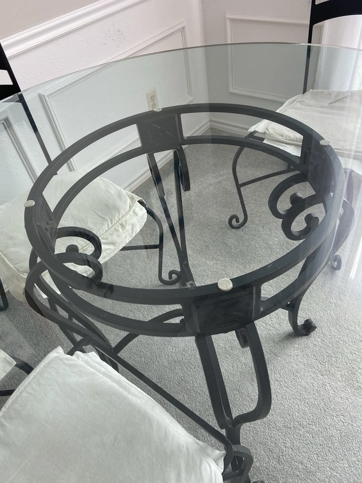 🔥🔥 FINAL PRICE! Original Bombay 54” Round Glass Table w/4 Wrought Iron Chairs - Image 2 of 4