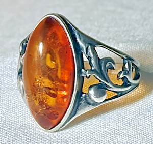 Vintage Sterling Silver & Amber Stone Ring Filigree Floral Setting Size 7