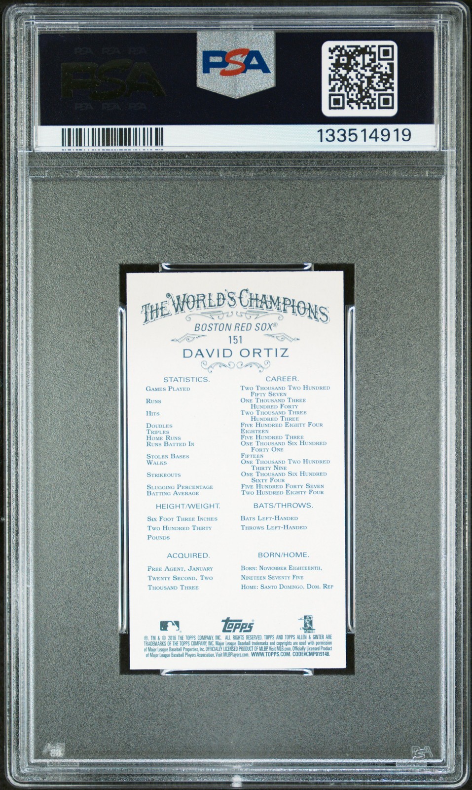 2016 ALLEN & GINTER MINI-BLACK BORDER #151 DAVID ORTIZ PSA 10 view 2