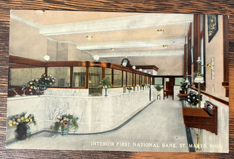 Vintage Postcard St Mary's Ohio First National Bank Interior