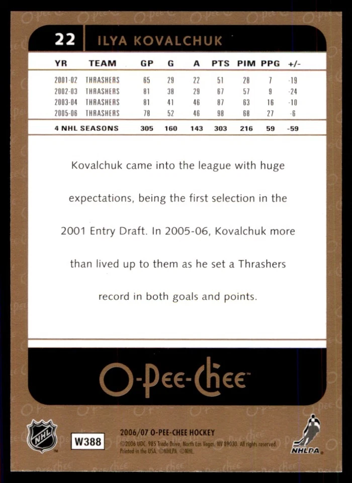 2006-07 O-Pee-Chee Ilya Kovalchuk Atlanta Thrashers #22 - Image 2 of 2