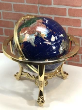 HUGE 18" Vintage Brass Precious Stone Inlay Lapis World Tabletop Globe w Compass