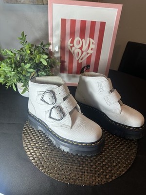 Dr. Martens Devon Heart White Leather Platform Ankle Boots Buckle US 8 EU 39