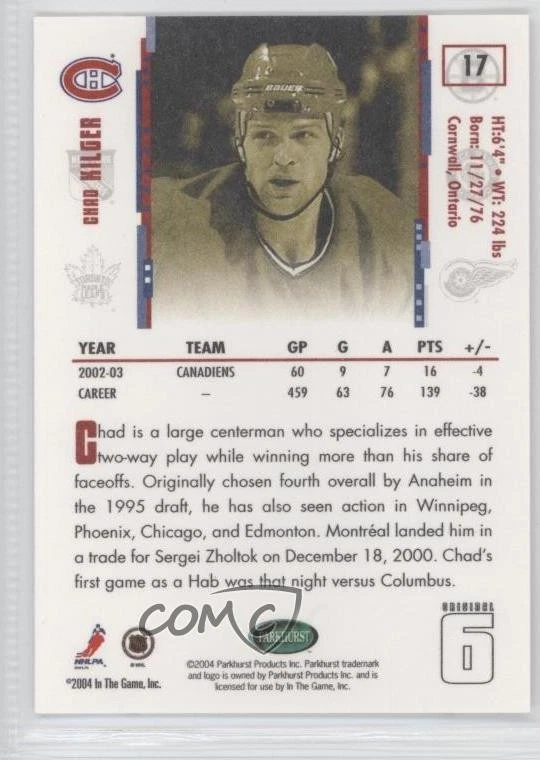 2003-04 Parkhurst Original Six Montreal Canadiens Chad Kilger #17 - Image 2 of 2