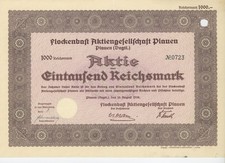 Akcje 1000 RM 1938 Flockenbast AG Plauen (Dogl.) Nr 0723