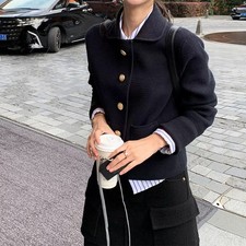 Retro Knit Cardigan Coat Women's Button Tweed Style Wool Short Coat Top Blouses