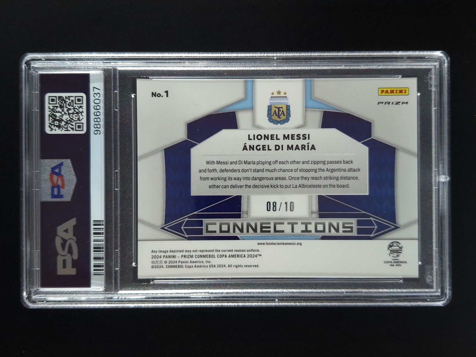 2024-25 Panini Prizm LIONEL MESSI/ANGEL DI MARIA 8/10 Gold Connections #1 PSA 10 view 2
