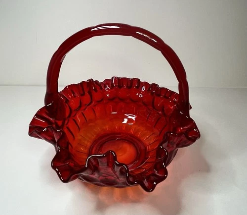 Vintage RED Glass BASKET 8”