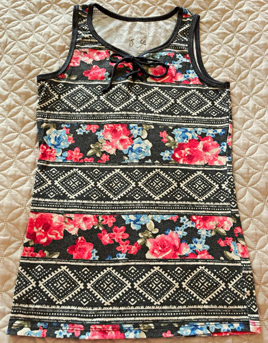 Justice Girls Size 10 Sleeveless V-Neck Lace-Up Knit Floral Tank Top Multi