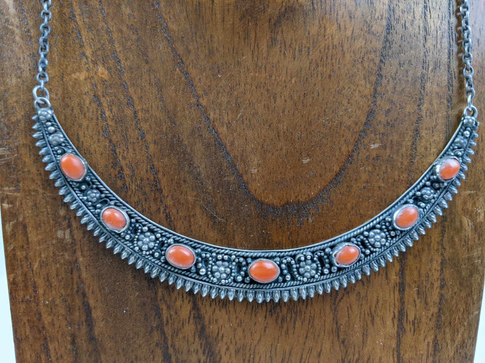 Sterling Silver Red Coral Statement Necklace Sign… - image 2